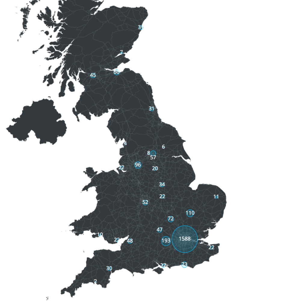 Map shows clusters of AI businesses in major cities across the UK. 