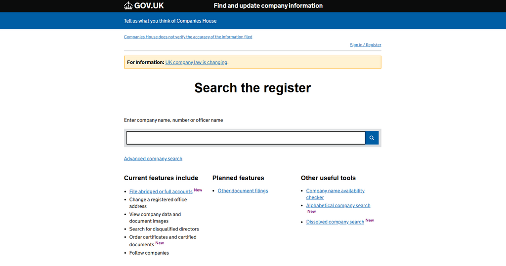 A screenshot of Companies House register search