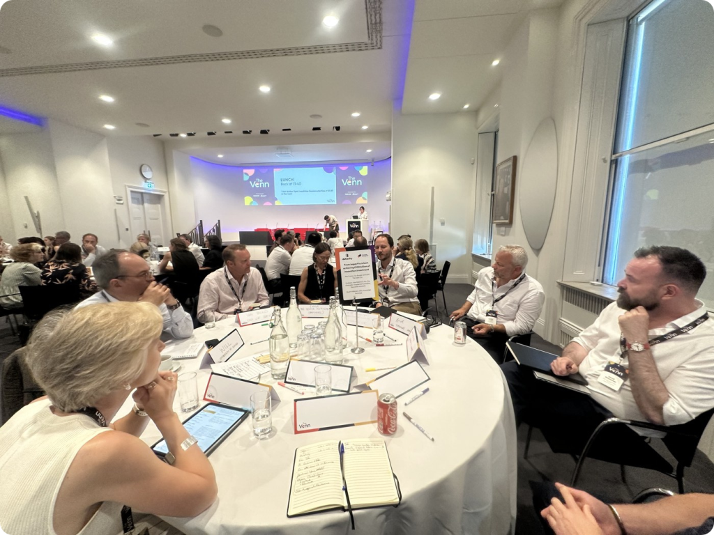 the roundtable in progress at The Venn. Delegates around a table with the session sign reading "From impact to intent: achieving £100 billion of innovation investment", notebooks and name cards in front of them.
